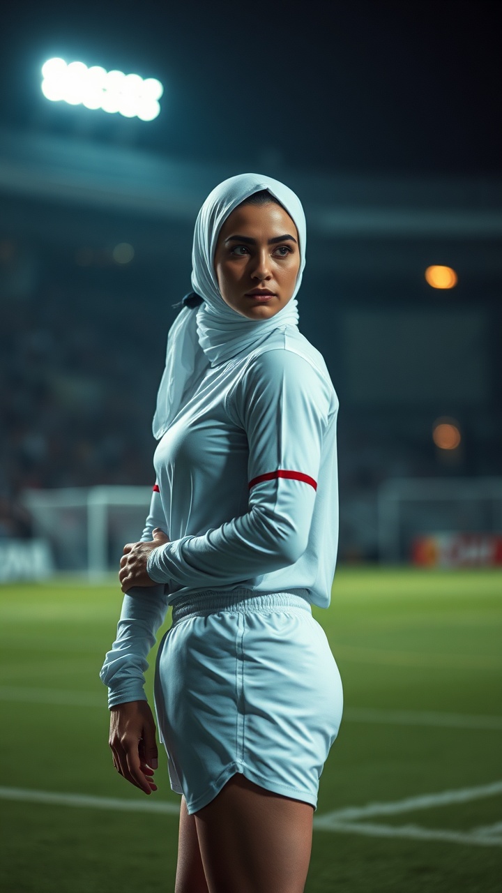 AI generated image by FLUX.1-schnell: An Iranian female football referee standing on the football field at night, wearing a white referee uniform and white sports shorts, white headscarf with hair tied neatly at the back, serious and focused expression, stadium floodlights behind her, cinematic portrait, ultra realistic skin texture, dramatic lighting, shallow depth of field, 9:16