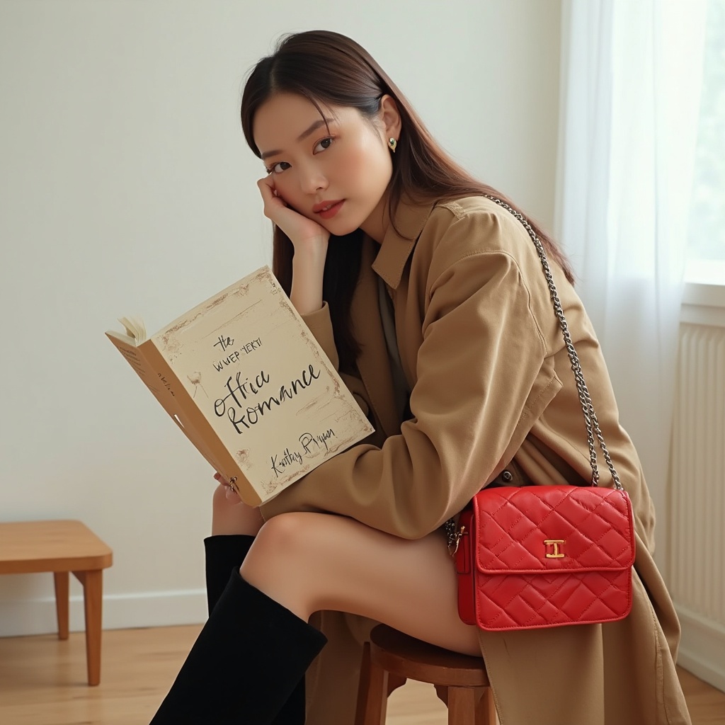 AI generated image by FLUX-Realism-Lora: a stylish woman seated on a wooden stool, exuding elegance and warmth. She is dressed in a camel-colored coat with a structured design, including a classic collar and a loose, comfortable fit. The material appears soft and thick, ideal for colder weather. Her pose is relaxed, as she rests her head on her right hand, creating a gentle and contemplative expression.

She holds a book titled "Office Romance" by "Kathy Ryan," giving the impression of sophistication and an interest in literature or storytelling. The book cover is simple, with handwritten-style typography.

Her long, straight brown hair frames her face, cascading naturally over her shoulders, and her makeup is minimal but enhances her natural beauty. Her slightly tilted head and soft gaze convey a calm, thoughtful, and friendly demeanor.

She accessorizes with a bright red quilted bag slung over her shoulder, featuring a silver chain strap that adds a touch of boldness to her neutral outfit. The pop of red contrasts beautifully with the muted tones of the coat and the white background.

Her legs are crossed, and she wears black knee-high boots, which add a polished, fashionable edge to the overall outfit. The room is minimalist, with a clean, bright ambiance. The background includes light wood flooring and a white wall, emphasizing simplicity and allowing the subject to stand out. A small wooden table is barely visible on the side, adding to the cozy, indoor setting.

The composition highlights the subject's poise, style, and intellect, with soft lighting enhancing the warm and inviting atmosphere.

Rendered in ultra-high-resolution 8K, designed for photorealistic detail and vivid realism."