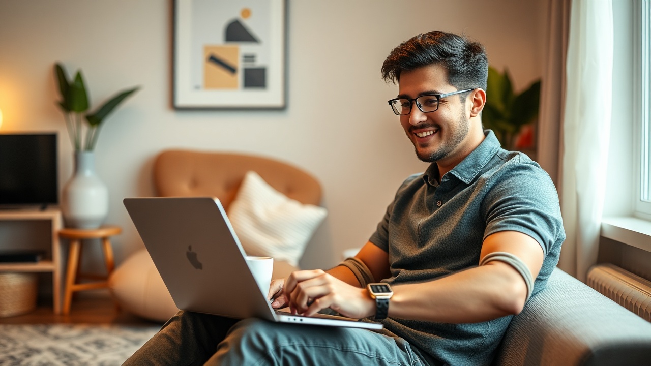 AI generated image by FLUX.1-schnell:  A single young man sitting in a cozy room, working in front of a laptop. Inside the laptop area, there is a coffee cup placed beside it. The room is inspried that creates an inspiring and motivational vibe. The man has a slight, confident smile on his face, wearing modern, casual clothes and a stylish wristwatch.work energy, quiet focus, and startup hustle. Calibrate the victory of joy "