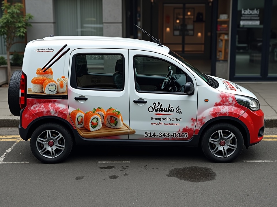 AI generated image by FLUX.1-image-to-image: A striking image of a white Fiat Panda adorned with a bold, award-winning advertisement for 'Kabuki', a renowned sushi bar and restaurant. The advertisement showcases a delectable sushi roll artfully gripped by chopsticks, creating a sense of culinary delight. The vehicle's minimalist white background highlights the vibrant advertisement, while the contact details, including a phone number, are clearly visible for easy access. The overall effect is a harmonious blend of urban street style and Japanese culinary culture.

Front View: The front of the mercedes sprinter is predominantly red with a black grille and bumper. 

Side View: The side of the white Fiat Panda

Rear View: The rear of the white Fiat Panda

Top-Down View: This view shows the overall layout of the wrap design, emphasizing the transition of colors and the placement of the graphics and text.

The design is interesting and relevant as it showcases a professional and eye-catching vehicle wrap that effectively advertises the company’s services and contact information. The use of bold colors and clear graphics ensures high visibility and brand recognition.