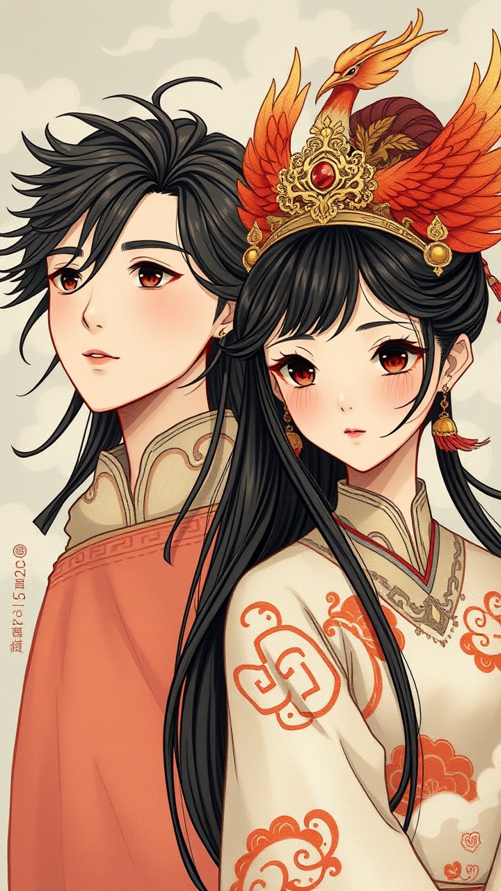 AI generated image by FLUX.1-schnell: 
A young couple in Chinese style, Long hair for boys，Phoenix crown and flowing clouds for girl, good resolution, art style by Raymond Briggs,Captured with a Canon EOS R5 and an 85mm f/1.4 lens, focusing closely on the texture.