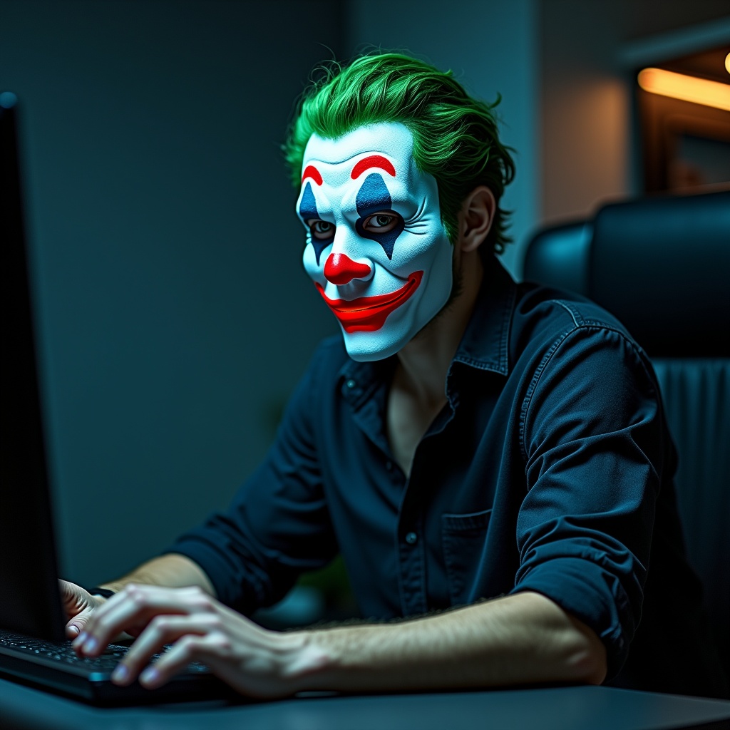 AI generated image by FLUX.1: “Create a realistic depiction of a young male technology enthusiast wearing a modernized joker mask. The character is in his mid-20s, with a lean yet energetic build, seated at a sleek, high-tech desk in a dimly lit room. The joker mask has a white base with exaggerated, digitally enhanced red lips and neon green accents around the eyes. Subtle LED lights on the mask flicker, giving it a futuristic and playful appearance, while still exuding a sense of mystery.
