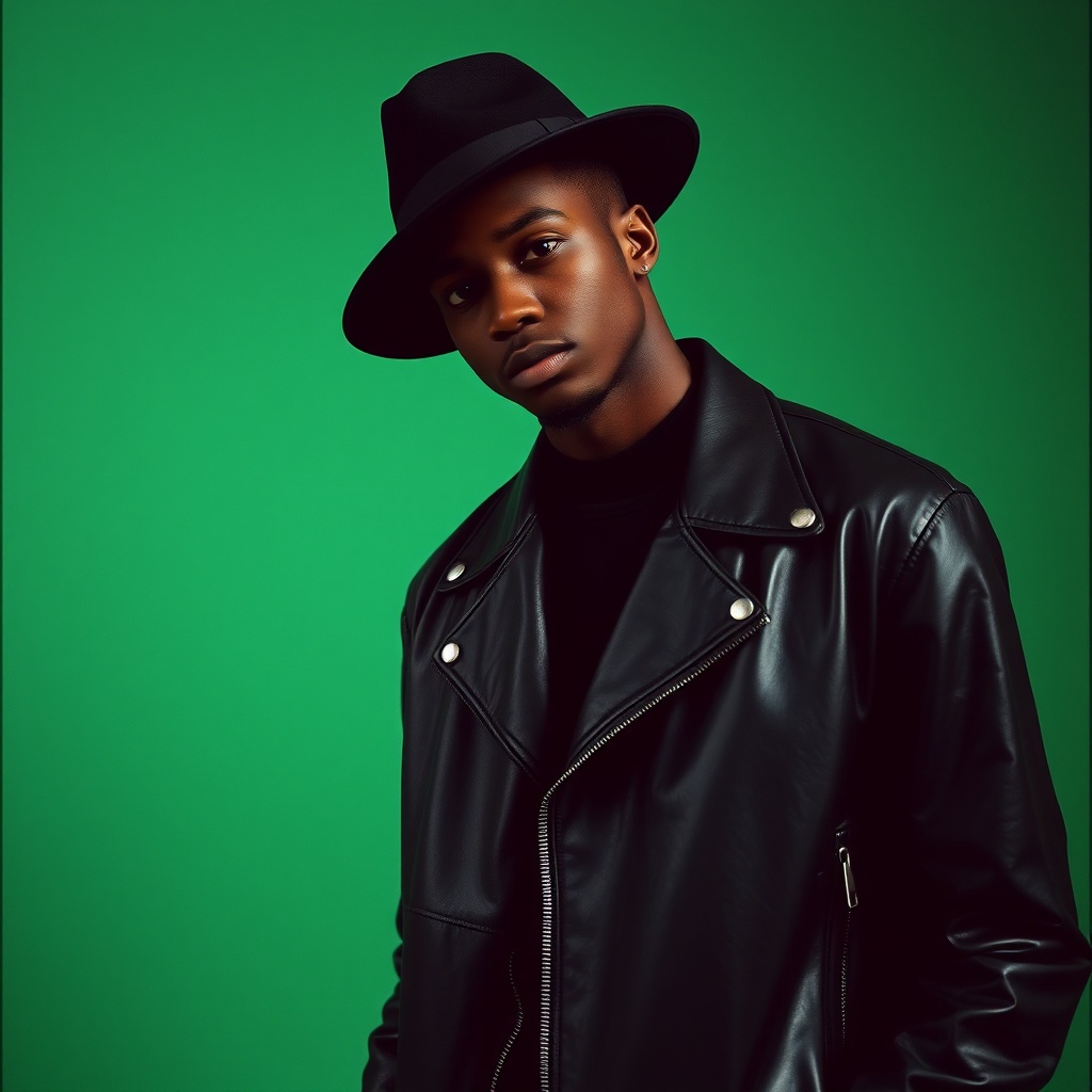 AI generated image by FLUX.1-schnell: Minimalist fashion photoshoot of an African male model wearing a black leather jacket and hat, with a green background, clean look, magazine cover aesthetic, editorial photography, professional color grading, soft shadows with low contrast, film grain, and a nostalgic mood