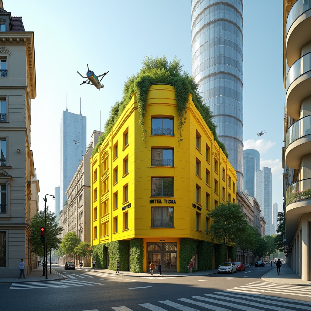 AI generated image by FLUX.1: Create a futuristic version of the Hotel Das Tigra in Vienna in the year 2050. The hotel's iconic yellow facade should be preserved, and the name 'HOTEL DAS TIGRA' should be clearly visible on the building. Enhance the facade with greenery, vertical gardens, and solar panels for a sustainable look. The surrounding streets should be calm, pedestrian-friendly, with future flying vehicles hovering in the sky. Vienna’s skyline should feature towering, energy-efficient skyscrapers made of glass and metal, incorporating green technology and smart city infrastructure. Show a harmonious blend of Vienna’s historic charm with cutting-edge urban innovation in the city of 2050.