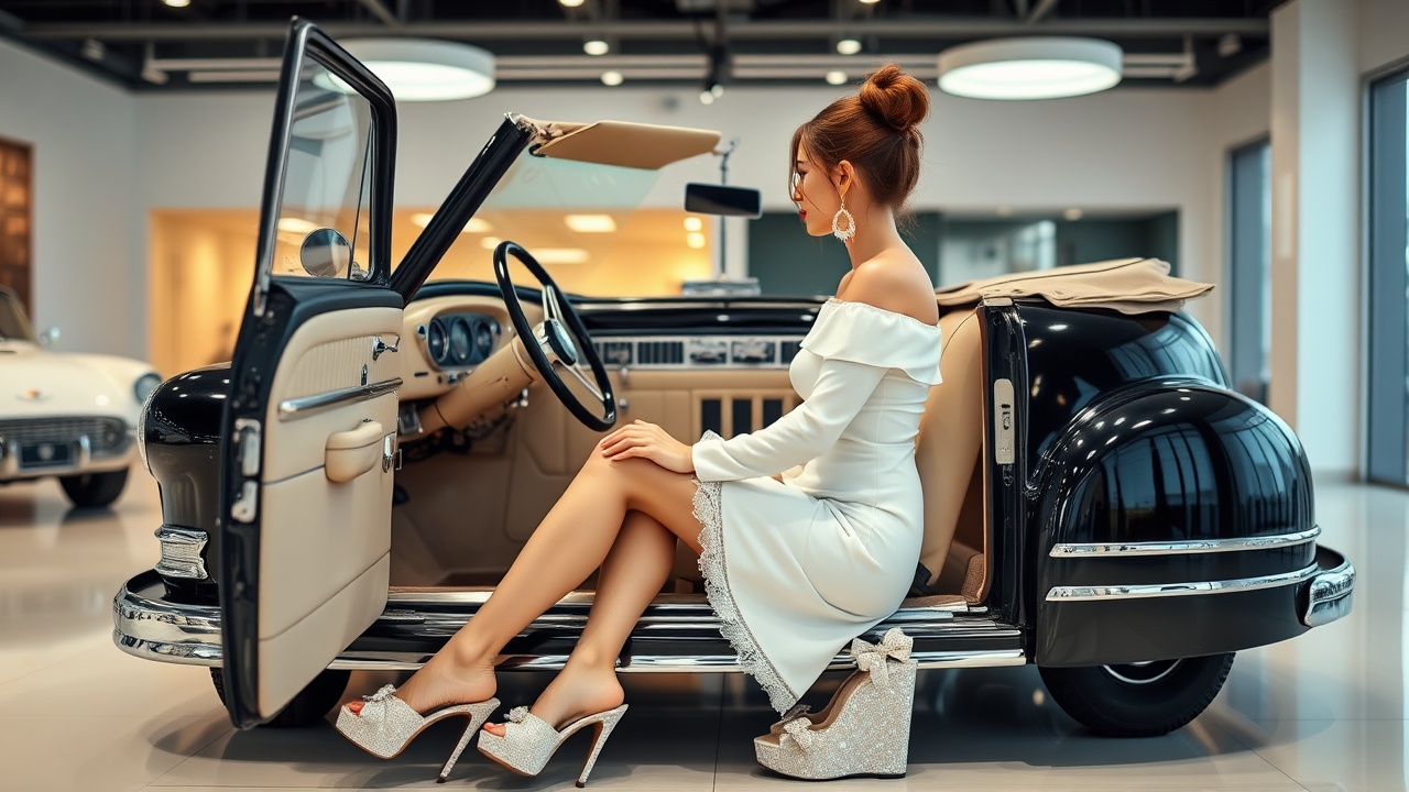 AI generated image by FLUX.1-schnell: Brightly lit showroom of exclusive classic car dealership. Perfectly restored black 1948 Chevrolet convertible with top down and driver's side door open. Car has high bench seat. Beige leather upholstery and light beige carpet. Beautiful tiny Hungarian woman 30 years old. Long brown hair gathered in a bun. Short torso, hourglass figure, short legs. Red lipstick, subtle eye makeup. Sparkling dangling white earrings. Elegant tight-fitting white off-shoulder minidress, long sleeves, lace trim, hemmed mid-thigh. Glittery white wedge mules with ultra high heel and lacy bow on vamp. Woman sitting behind the steering wheel facing front looking through the front windshield. Both legs uncrossed and under steering wheel. Both feet on floorboard. Right foot extended toward pedals.  Camera positioned behind driver’s door aimed at feet  and pedals. Car pedals visible. 