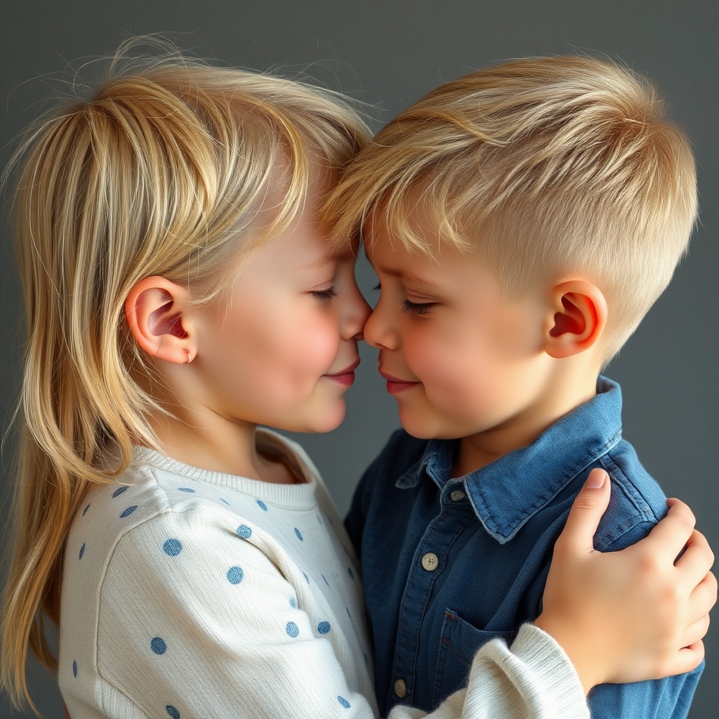 AI generated image by FLUX.1-schnell: un garçon et une fille blonds de huit ans face à face et s'embrassant sur la bouche