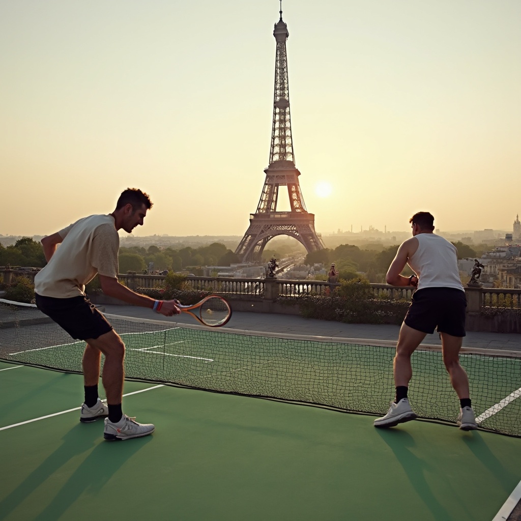 AI generated image by FLUX-Realism-Lora: Exactly 2 men (no one else there, except them) playing tennis. One is on 1 side of the tennis net and the other, on the other side of the net,

Location: A large, private rooftop terrace or a temporary platform built on the Champ de Mars (the lawn beneath the Eiffel Tower) in Paris, France.

The View: The court would be framed by the timeless architecture of the city, with the Eiffel Tower looming majestically over the net. Imagine playing a match as the sun sets and the Tower begins to sparkle.