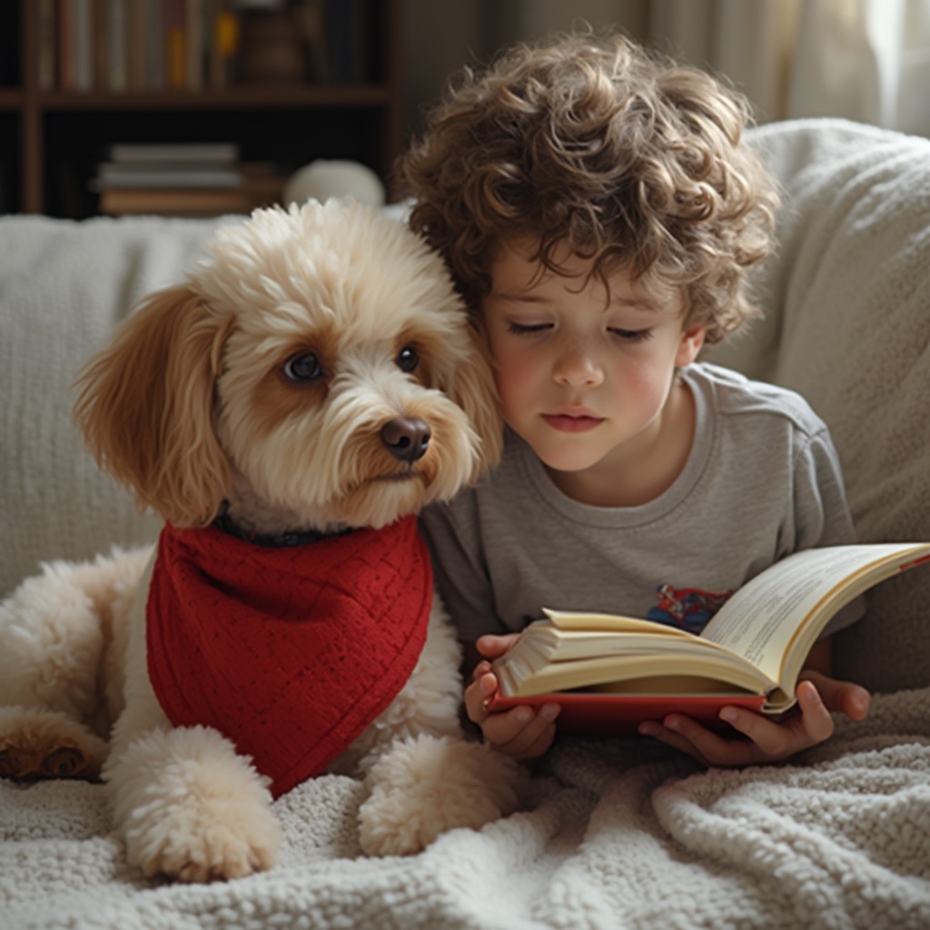AI generated image by FLUX-Realism-Lora: A photo of a child reading a book to a dog. The Boy is 9 years old and the dog is a small poodle wearing a red triangle towel around its neck. The dog is sitting relaxed beside the child, and the child feels very comfortable.