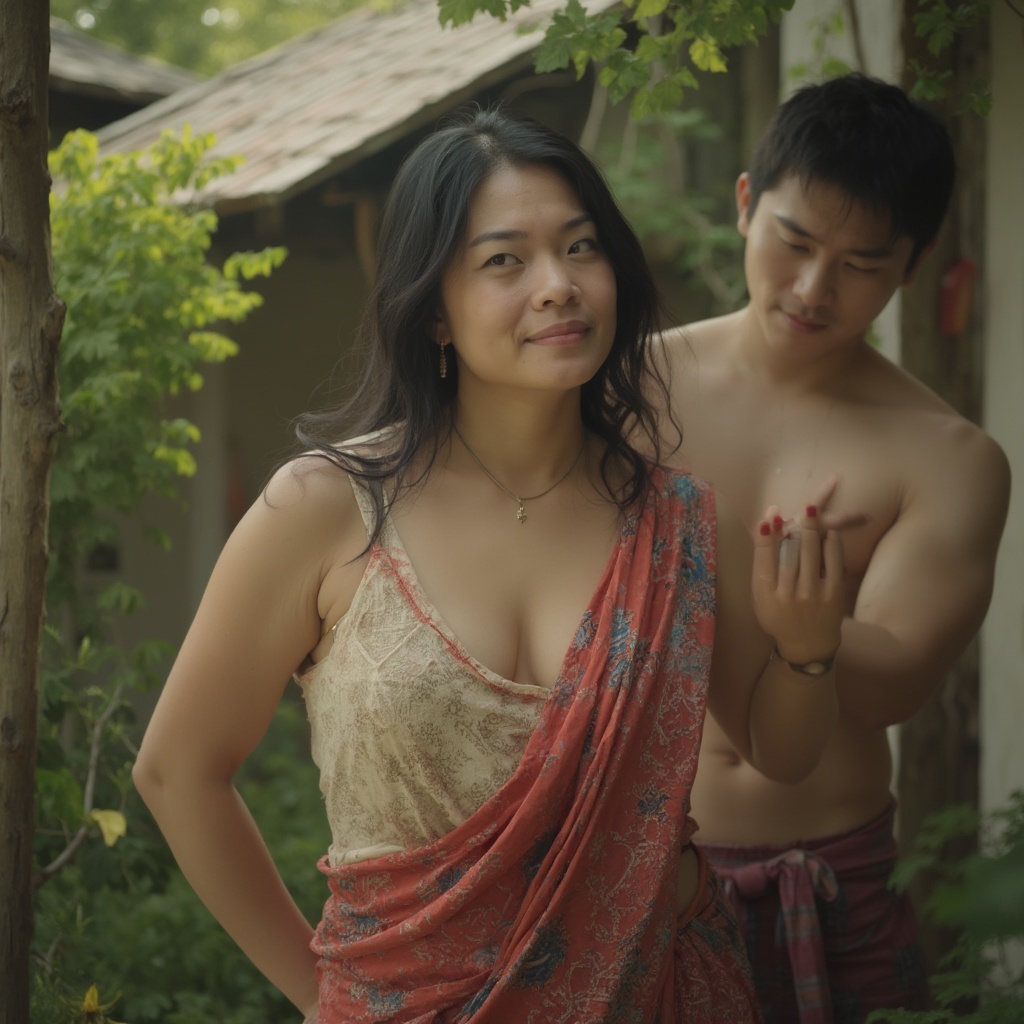 AI generated image by FLUX-Realism-Lora: Asian 40 year old women wearing tank-top and sarong show armpit long hair back hair large breast thick body realistic sweat face background in home garden rurel neutral face A young man under her armpit
