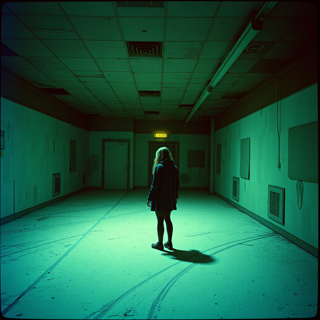 AI generated image by FLUX.1-schnell: analog flash photo of an abandoned, empty, frozen in time and slightly unsettling, but also familiar, 1girl, Nostalgia, familiarity, discomfort, after hours, liminal space the effect of being in a retro horror or RPG video game --v 6.0