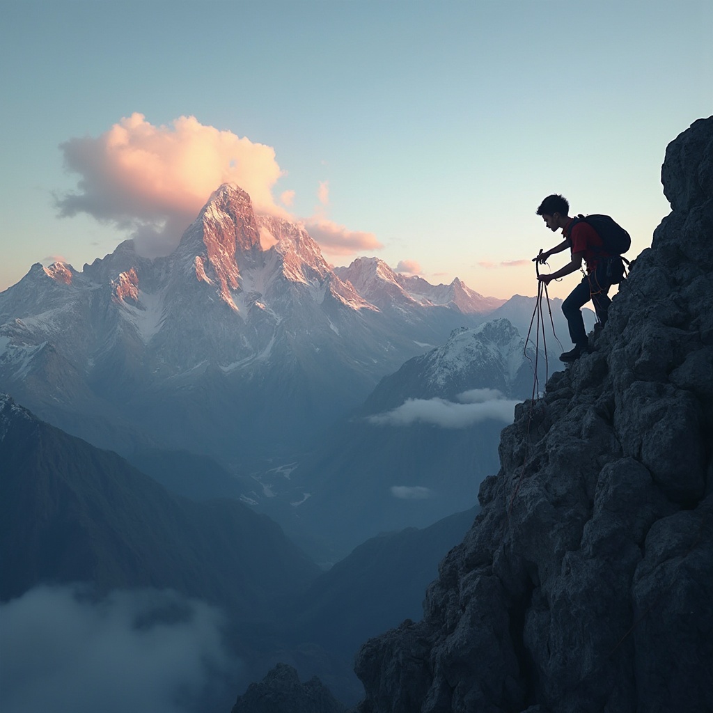 AI generated image by FLUX-Realism-Lora: Crea una imagen sumamente realista desde la perspectiva de una persona joven que se encuentra en la cima de una montaña mostrando únicamente su mano sosteniendo con firmeza un bastón de escalada, con un nivel de detalle que revele la textura del material y la forma de sus dedos al aferrarlo. Al fondo, se extiende un impresionante montaña y un cielo al atardecer adornado con unas cuantas nubes tenues. La atmósfera transmite una intensa sensación de aventura y exploración, cevoca el momento de logro y asombro al contemplar la majestuosidad del entorno desde lo más alto.