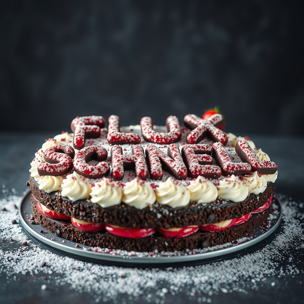 AI generated image by FLUX.1-schnell: black forest gateau cake spelling out the words "FLUX SCHNELL", tasty, food photography, dynamic shot