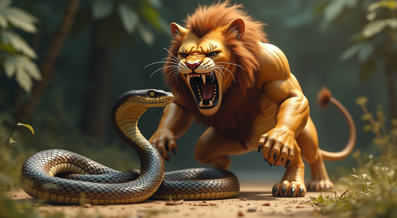 AI generated image by FLUX.1-pro: everything is realistic animated. A cat is transforming into a monster like a lion with man body and getting ready to eat a huge cobra.