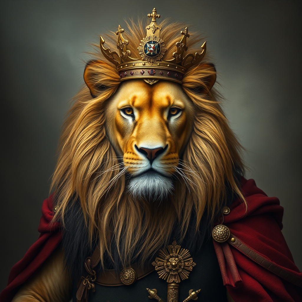 AI generated image by FLUX.1-schnell: A lion as soldier or a king 