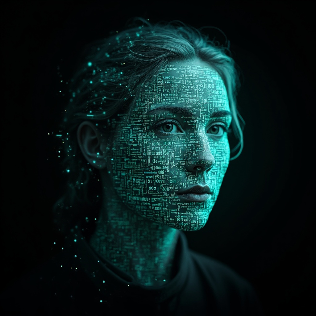 AI generated image by FLUX-Realism-Lora: Emmy Noether's face as a digital mask made from thousands of bright turquoise numbers and formulas forming her face. (she has a round, puffy face is 45 years old and has long hair which is made into a plait. She has slightly swollen eyelids and eye sacks) The formulas and numbers fly behind the mask leaving a trail of complexity. The mask is floating dynamically in mid air. Her head is slightly turned to the right but her eyes are looking directly into the camera. The mask is on a black background. Like a png with black only background. Photo realistic, sci-fy