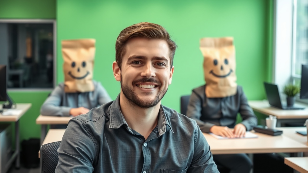 AI generated image by FLUX.1-schnell: a male person in an office on a desk with a smile. The office is colored in green at some areas. In the background are sitting 4 more persons on a  their own desks, their faces are covered with a paper bag with a funny smile written with a black pencil on it. They are sitting on separated desks in the background.