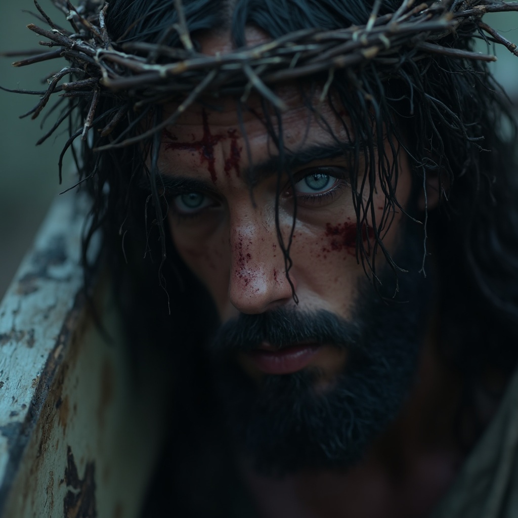 AI generated image by FLUX-Realism-Lora: A close-up, emotionally intense cinematic scene depicting a figure resembling Jesus, crowned with thorns and bearing a deeply expressive look of sorrow and resilience. The camera initiates a smooth, slow dolly-in toward his face, capturing the raw, hyper-detailed texture of his skin, streaked with traces of blood, and the dark, wet strands of his hair clinging to his face, amplifying the sense of suffering and solemnity. His piercing blue eyes gaze forward with a haunting mixture of pain and compassion, reflecting an almost ethereal light that contrasts starkly with the muted, cool tones of the background, which hints at an overcast, desolate landscape. The crown of thorns, meticulously detailed with sharp, twisted branches, casts subtle shadows across his forehead, enhancing the realism and the symbolic weight of sacrifice. The lighting is dim and diffused, creating a somber, almost twilight atmosphere, with shadows accentuating the contours of his face and highlighting the depth of his expression. The weathered, wooden cross partially visible beside him is rich in texture, emphasizing the harshness of his surroundings. Filmed with IMAX quality, the scene captures every minute detail, from the moisture on his skin to the sharpness of each thorn, creating a hyper-realistic portrayal of endurance and faith. The camera holds the moment, immersing the viewer in the character’s emotional state, as if time has slowed, capturing the solemnity of this profound, cinematic moment in ultra-high-definition photorealism.