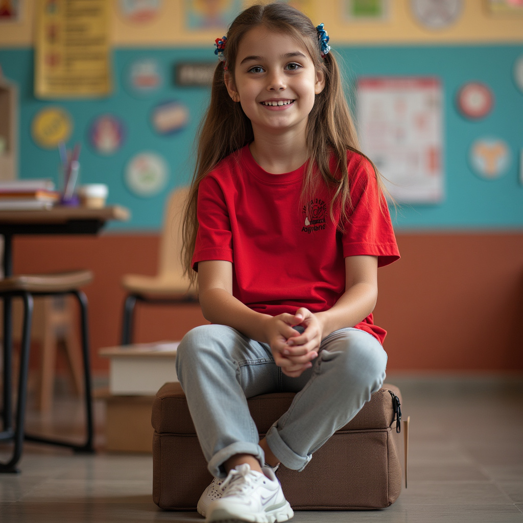 AI generated image by FLUX.1-pro: girl at shool with red tshirt