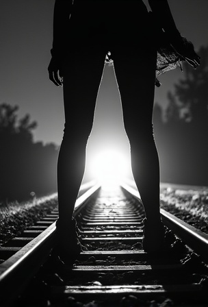 AI generated image by FLUX.1-image-to-image: The bnw silhouette of a woman's wide spreaded legs stands on railroad tracks.  A train spotlight from the background shines between her legs.