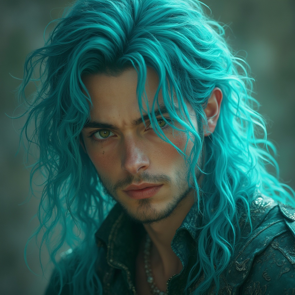 AI generated image by FLUX-Realism-Lora: The guy with mossy green eyes and long bright blue hair and fair skin, Gergeous, HD, he looked handsome and The guy with mossy green eyes and long bright blue hair and fair skin, Gergeous, HD