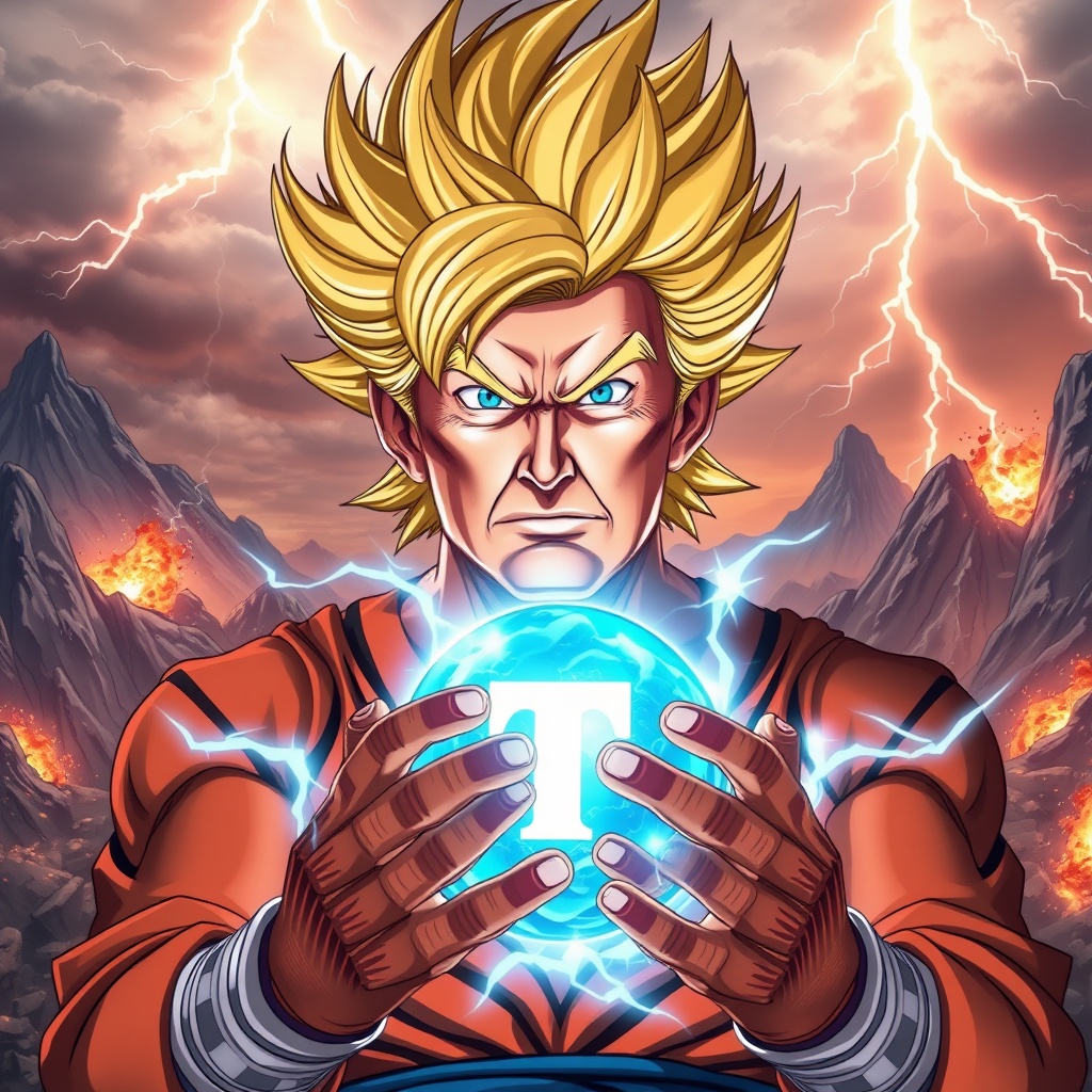 AI generated image by FLUX.1-schnell: A photorealistic depiction of Donald Trump in an epic anime-inspired style, blending Dragon Ball aesthetics with lifelike details. Trump is portrayed as a powerful hero with meticulously detailed golden Super Saiyan-style hair, glowing blue eyes radiating intensity, and a vivid energy aura surrounding his body. His face carries realistic textures and expressions, emphasizing determination and strength, while his battle-worn outfit resembles Dragon Ball warrior gear, featuring a refined 'T' emblem on the chest.

The background showcases a dramatic battlefield with shattered mountains, fiery skies, and bolts of lightning illuminating the scene. He holds a highly detailed, glowing blue energy sphere in his hands, with sparks and light realistically interacting with his surroundings. The composition balances anime elements with a hyperrealistic aesthetic, creating a stunning and unique fusion.