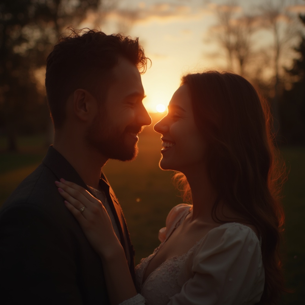 AI generated image by FLUX-Realism-Lora: foto realista de una pareja abrazandose y mirandose fijamente con una sonrisa en un parque en primavera con un atardecer, calidad 4k, nitido, manos uniformes
