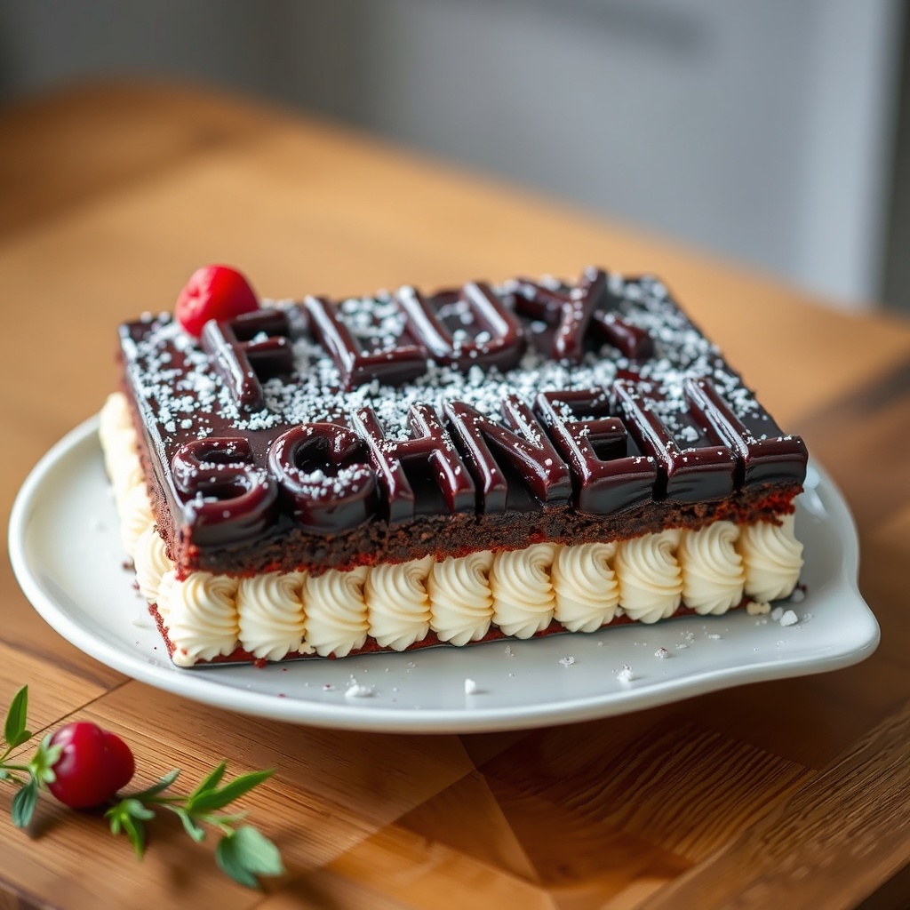 AI generated image by FLUX.1-schnell: black forest gateau cake spelling out the words "FLUX SCHNELL", tasty, food photography, dynamic shot