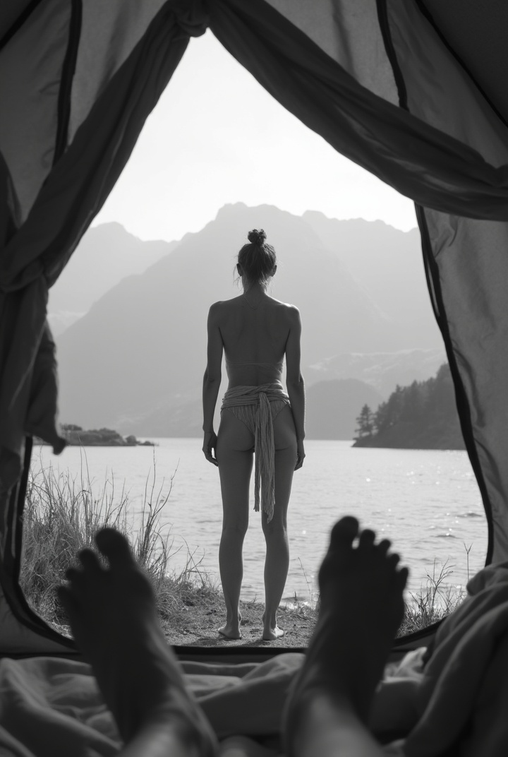 AI generated image by FLUX-Realism-Lora: A black-and-white photograph from inside a tourist tent, showing bare feet in the foreground. In the midground, the silhouette of a young woman is standing outside the tent with her back to the viewer, wearing pareo on her naked body. Her legs are shoulder-width apart. It's daytime, with a natural scene of mountains and a lake in the background

