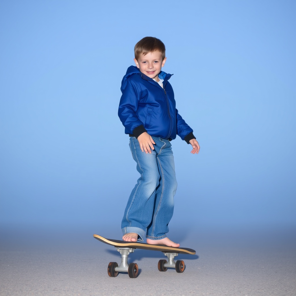 AI generated image by FLUX.1-schnell: A boy wearing blue jacket, bootcut jeans and barefoot is riding a skateboard
