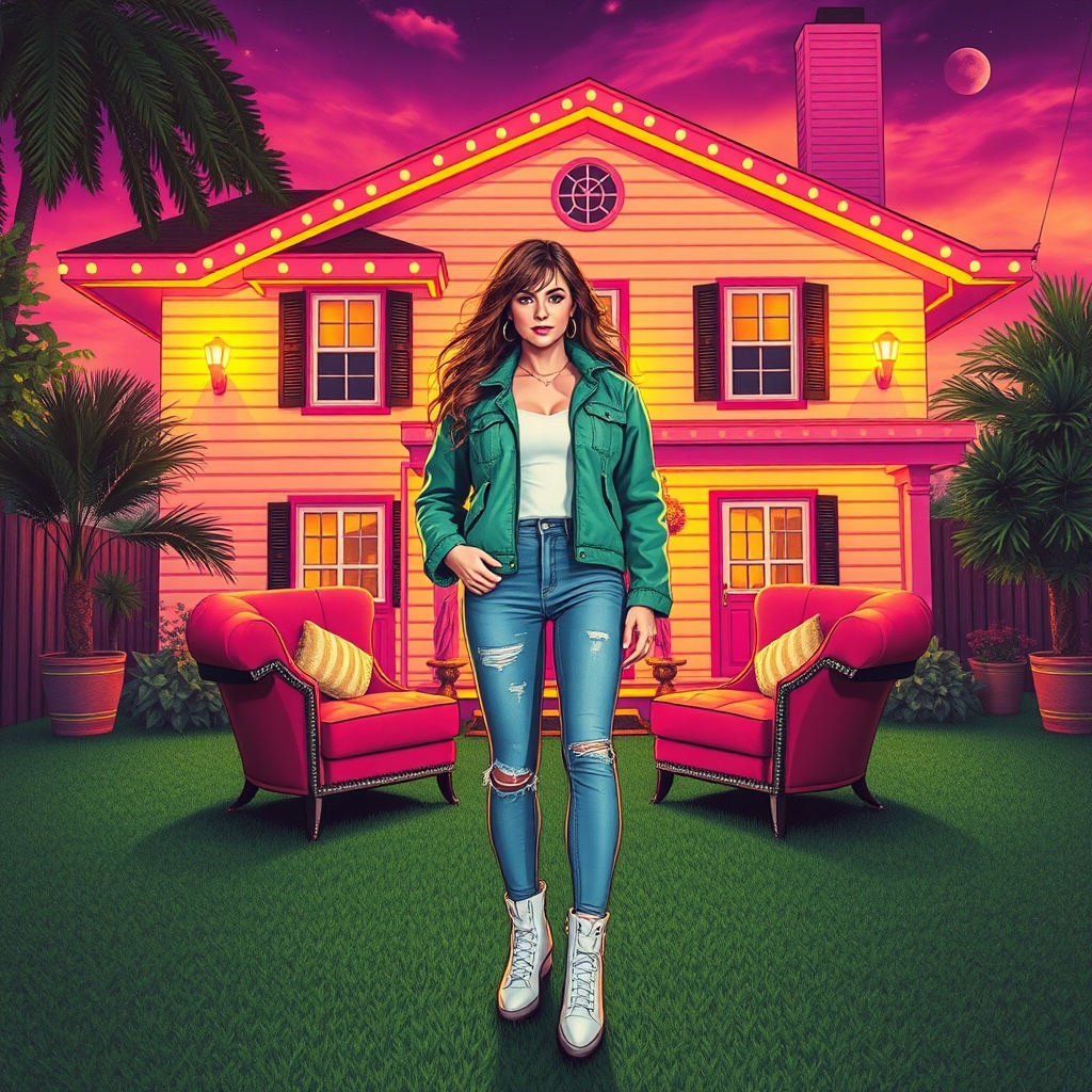 AI generated image by FLUX.1-schnell: Womann with big house 80 s style 