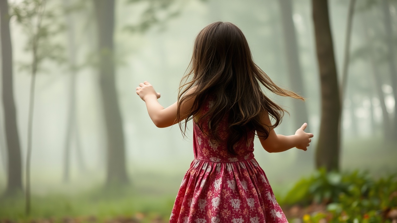 AI generated image by FLUX.1-schnell: A beautiful brunette 6 years girl dancing in a misty forest, viewed from the back