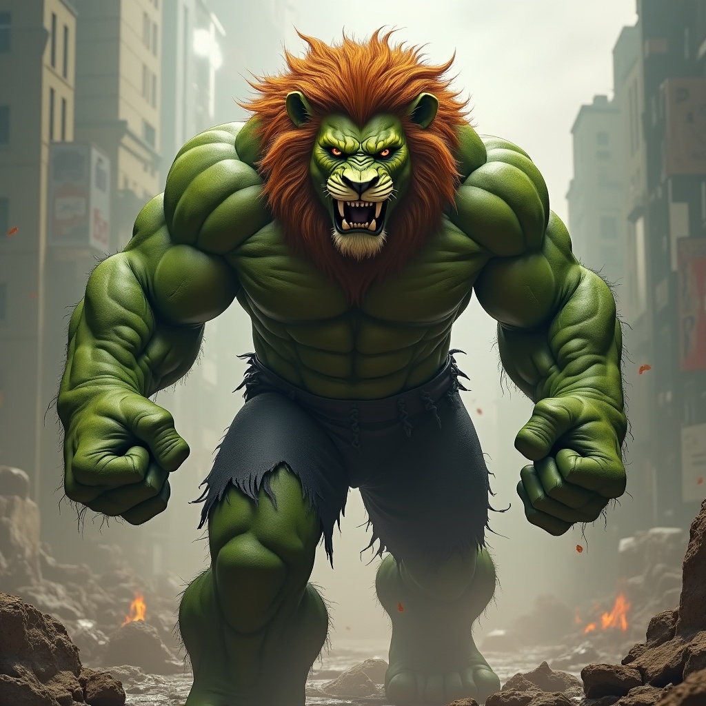 AI generated image by FLUX.1: lion and marvel hulk hybrid