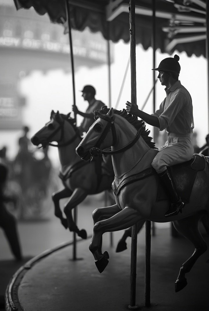 AI generated image by FLUX-Realism-Lora: A closeup bnw photo of real racing jockeys riding carousel plastic horses. The race contest is very intense and dramatic. Depth of field. Motion blur. Backlight 