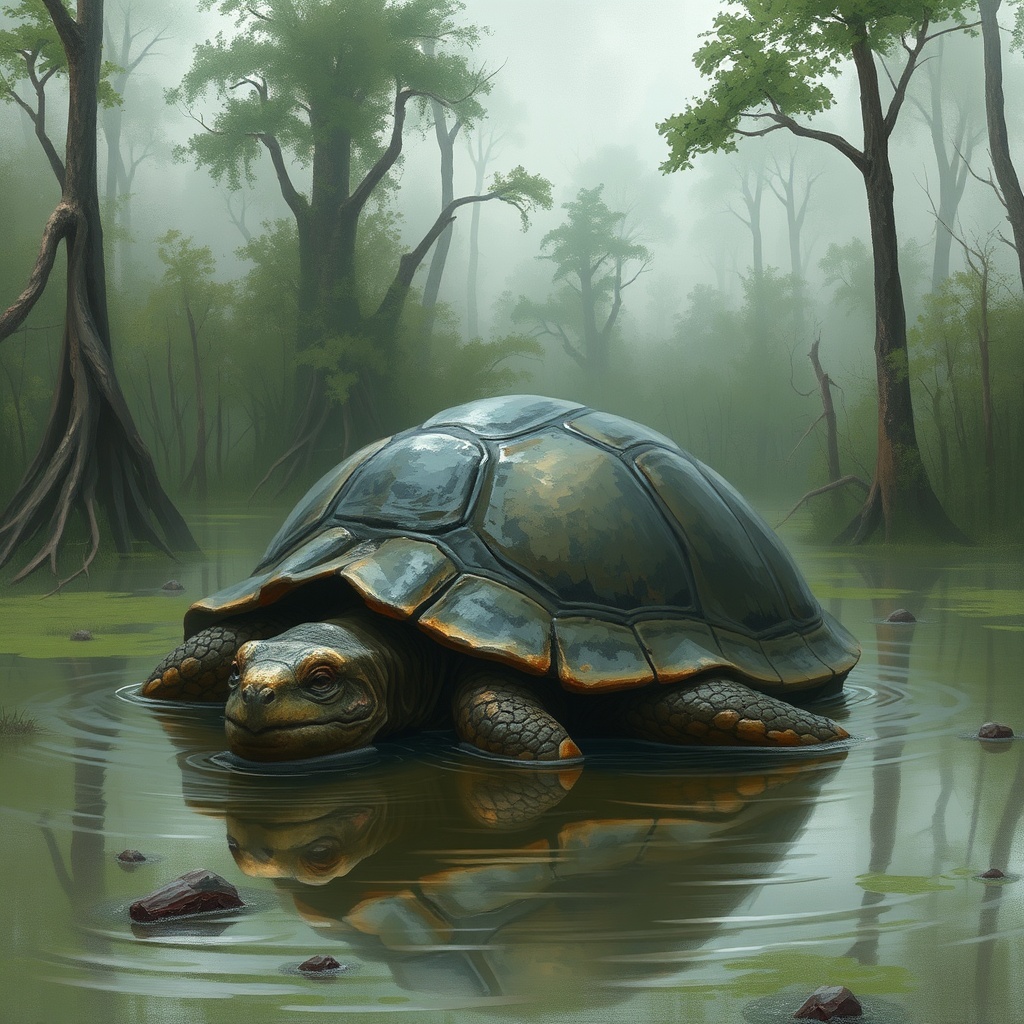 AI generated image by FLUX.1-schnell: A dead giant turtle's shell jutting out from swampy waters in the middle of a marsh, surrounded by overgrown trees. The turtle is not visible, only it's shell. Fantasy style with rough brushstrokes, digital painting with washed out colors and low detail.