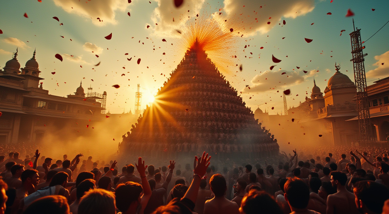 AI generated image by FLUX.1-pro: A human pyramid formed during janmastami festival to hit the pot hanging high in sky. Huge formation showing the human scale. Cinematic, imax shot