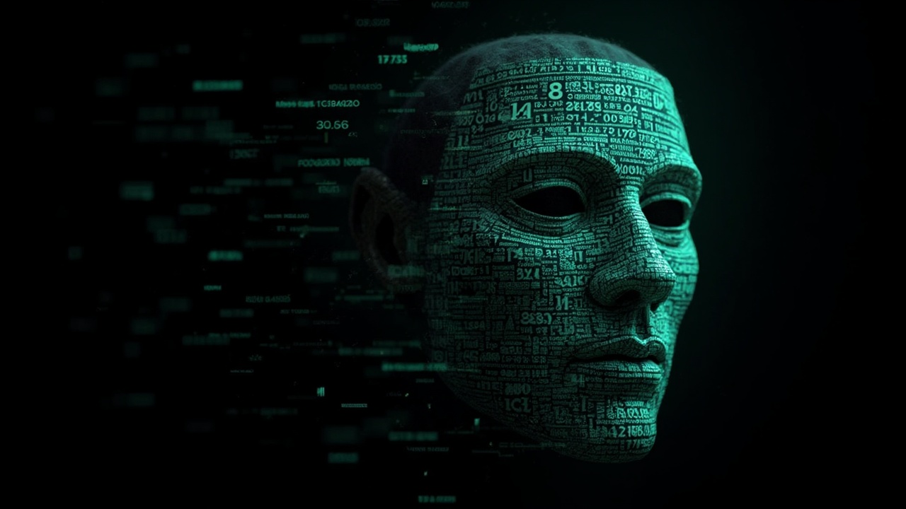 AI generated image by FLUX-Realism-Lora: Leonardo DaVinci's face as a digital mask made from thousands of turquoise numbers and formulas forming his face. the formulas and numbers fly behind the mask leaving a trail of complexity. the mask is floating dynamically in mid air. his head is turned to the right but his eyes are looking directly into the camera. the mask is on a black background.  like a png with black only background. photo realistic, sci-fy