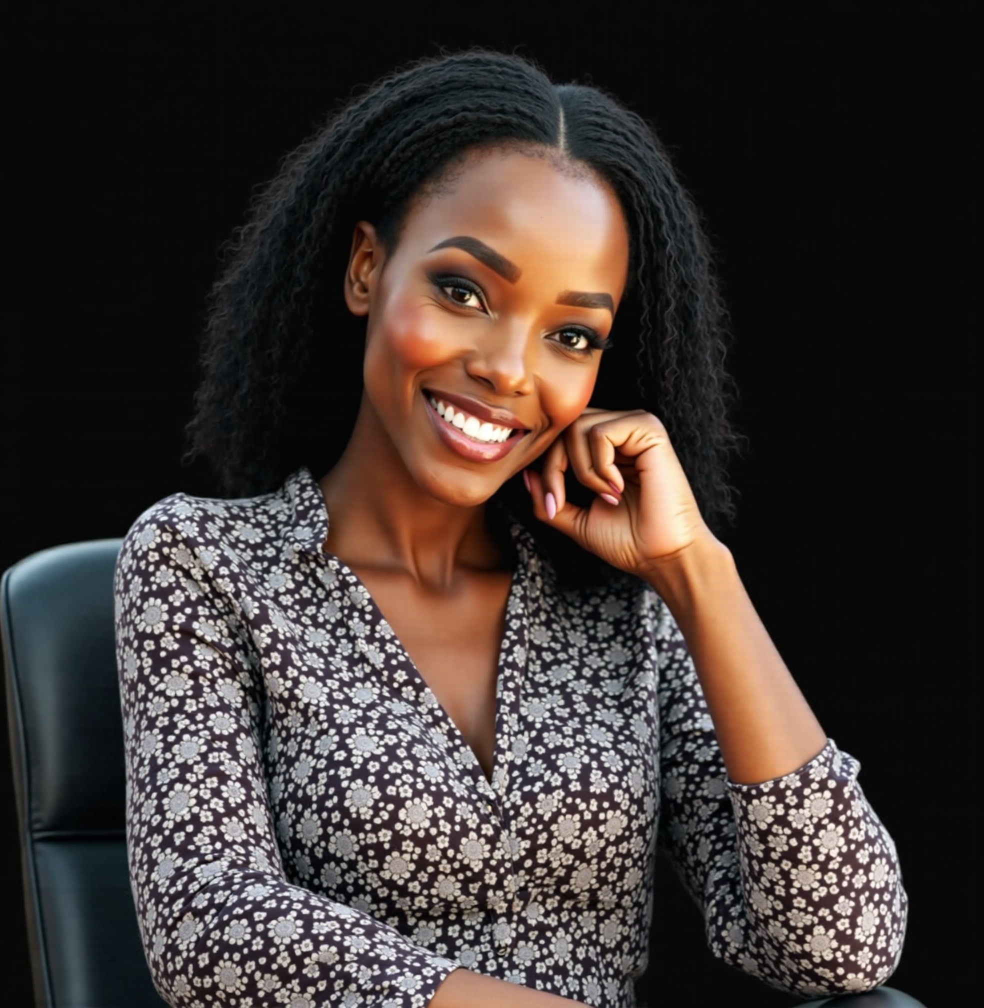 AI generated image by FLUX.1-image-to-image: An elegant, photorealistic, stylish African woman in her late 40s with youthful radiance and authority, confident expression,medium brown skin with warm undertones, natural shoulder-length black hair styled professionally in tight, small waves, intelligent dark brown eyes with very light wisdom lines, confident smile showing maternal strength, medium build (well-proportioned, neither slim nor heavy), wearing a sophisticated floral deep burgundy blouse, sitting in modern office studio with cinematic lighting, professional backdrop with subtle Pan-African elements, speaking with revolutionary passion tempered by mature wisdom. Linda ThriveBoss avatar, confident expression, cinematic lighting, photorealistic, soft shadows, studio backdrop, warm skin tone

•	Negative Prompts: 
blurry hands, distorted limbs, busy background, low resolution
