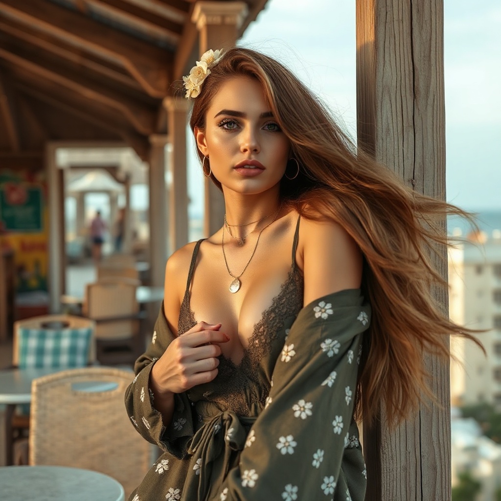 AI generated image by FLUX.1-schnell: Реалистичное летнее fashion‑видео: молодая  стройная женщина 25лет в бикини купальнике идёт по кромке воды по песчаному пляжу. Камера показывает всю девушку в купальнике без верха , грудь, море.