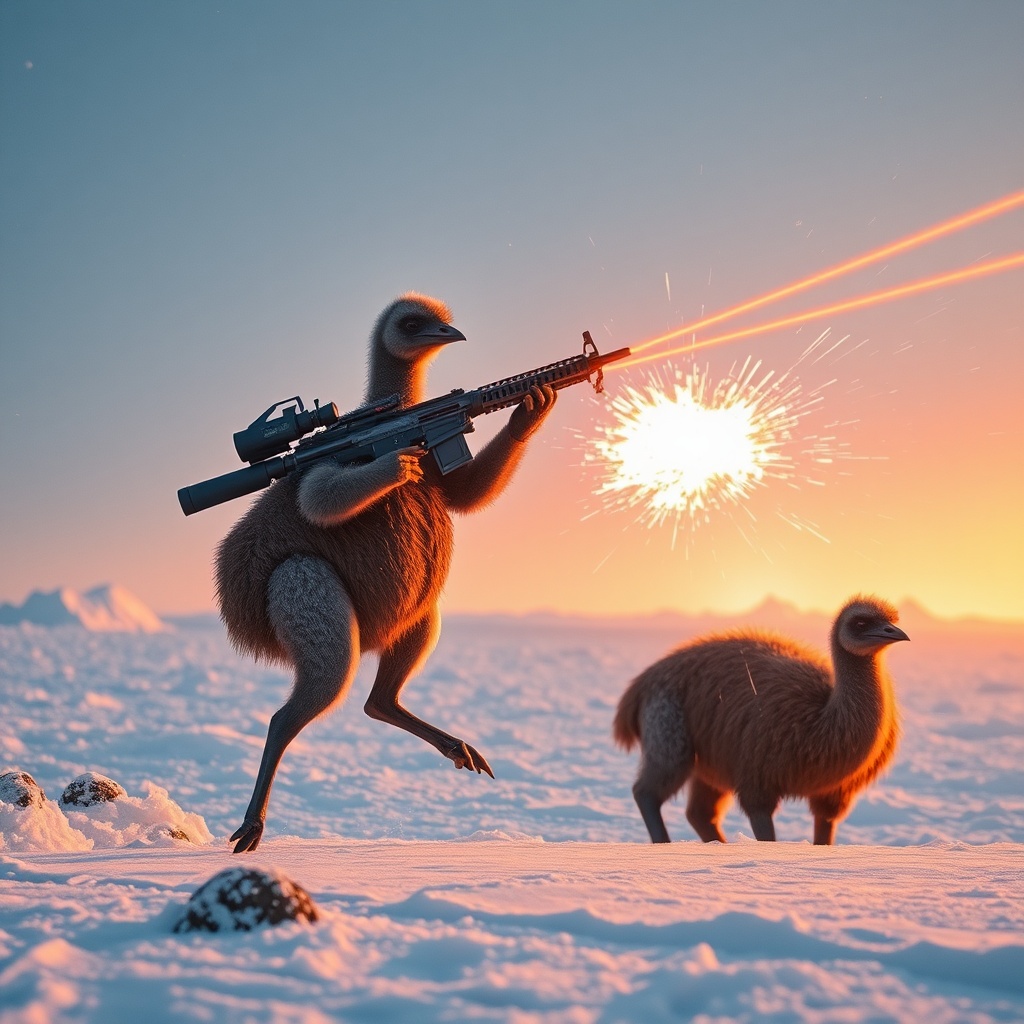 AI generated image by FLUX.1-schnell: Emu fighting military on snow planet with lasers