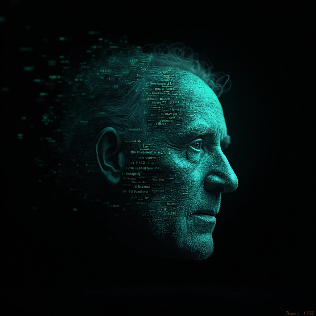 AI generated image by FLUX-Realism-Lora: Richard Feynman's face as a digital mask made from thousands of bright turquoise numbers and formulas forming his face. The formulas and numbers fly behind the mask leaving a trail of complexity. The mask is floating dynamically in mid air. His head is turned to the right but his eyes are looking directly into the camera. The mask is on a black background. Like a png with black only background. Photo realistic, sci-fy