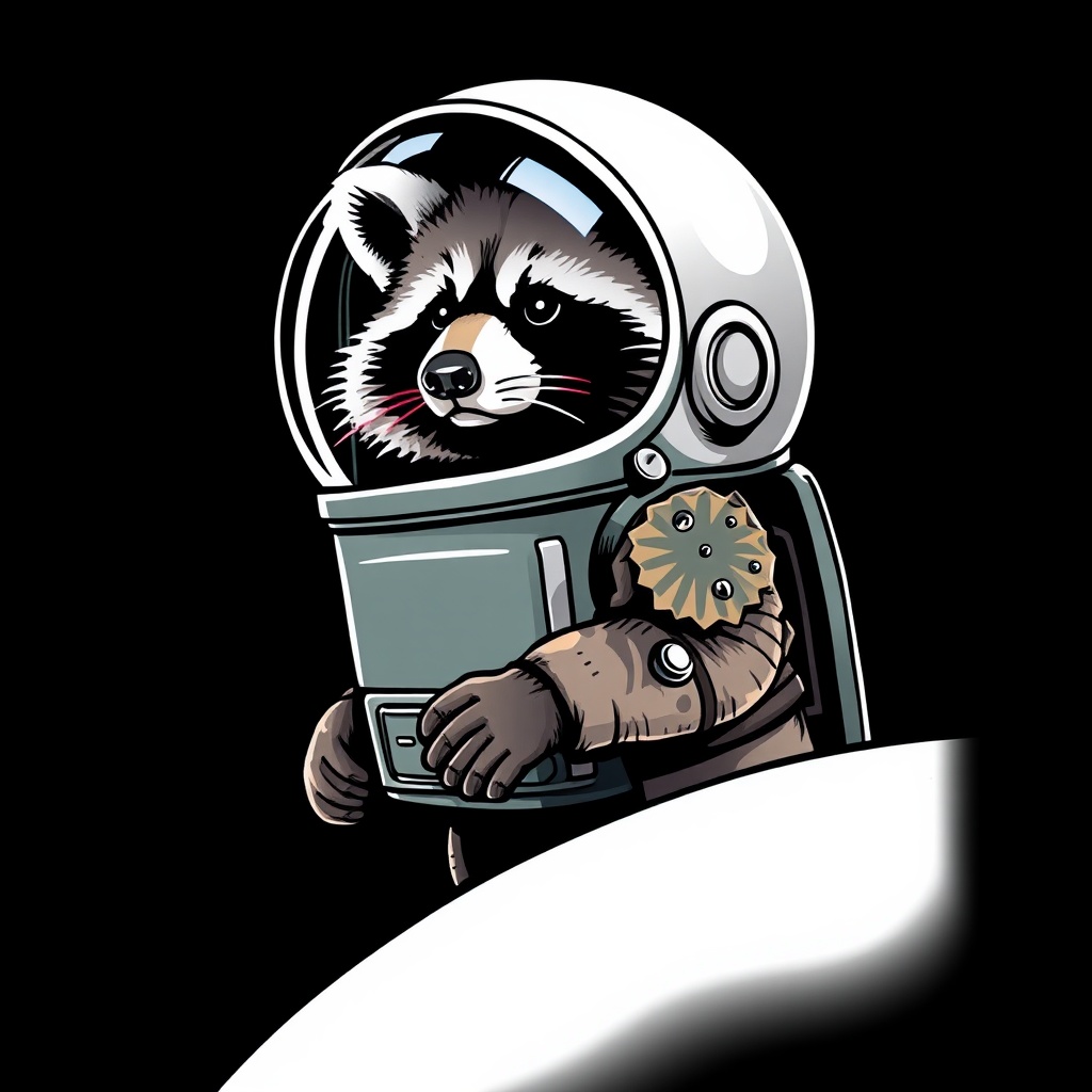 AI generated image by FLUX.1-schnell: Raccoon astronaut, wearing a trashcan as a spacesuit, tattoo style