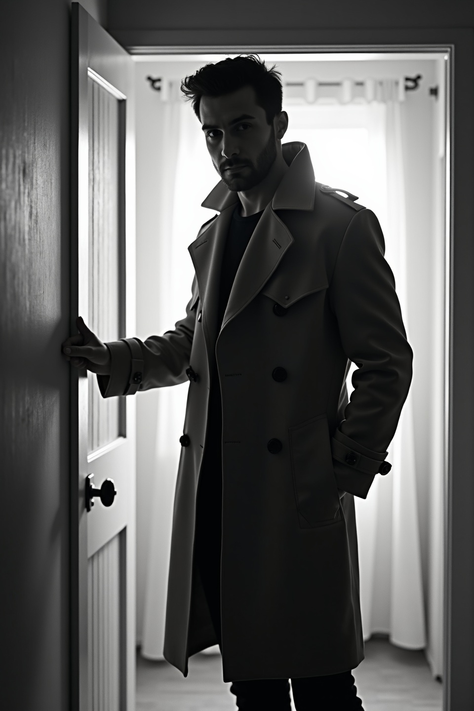 AI generated image by FLUX.1-image-to-image: black-and-white photo with the backlit dark silhouette of a handsome broad-shouldered man in a trench coat standing in a doorway coming and looking to camera. 
The man holding the door handle, as if he just entered the room. God rays. Backlight 