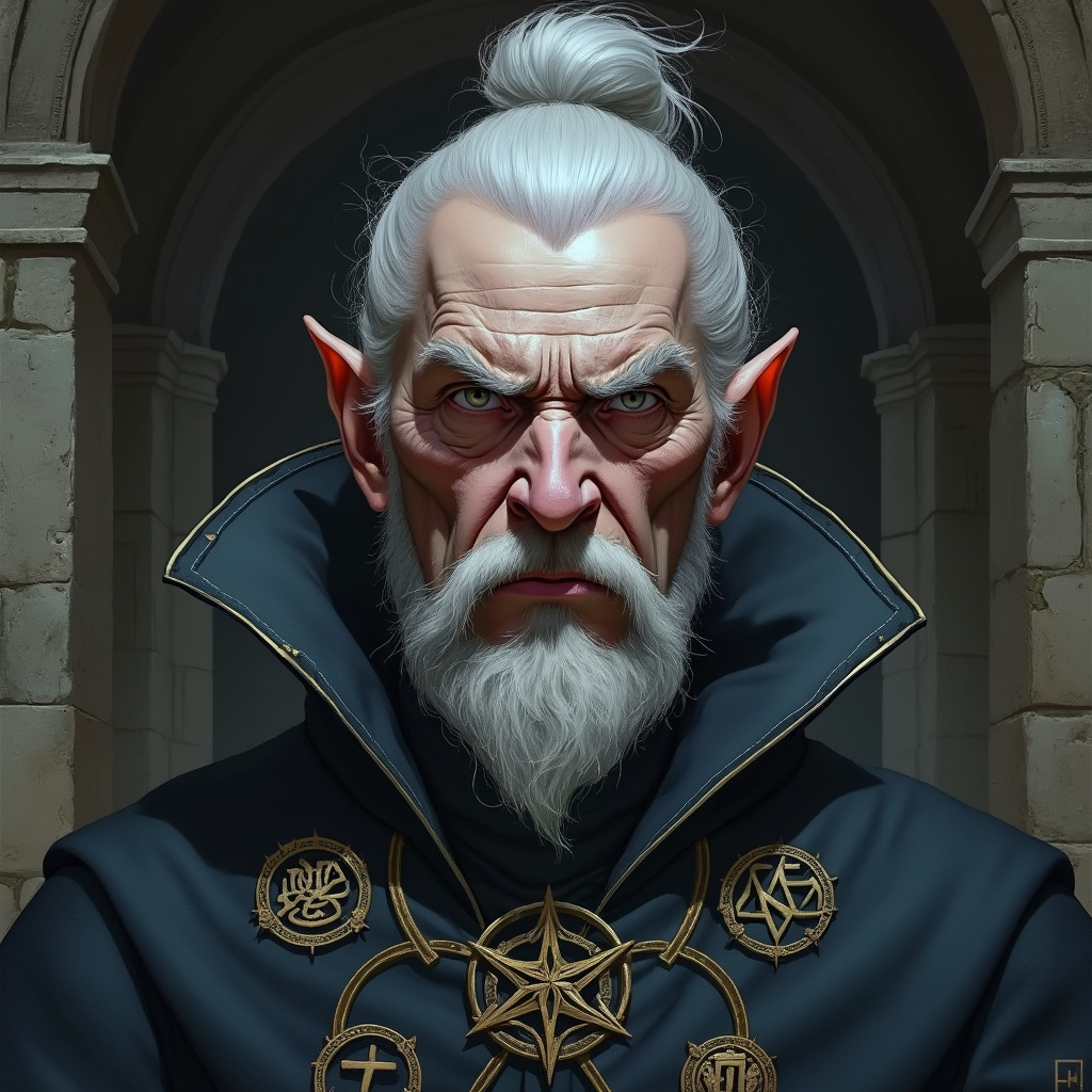 AI generated image by FLUX.1-pro: Dark Fantasy Art, A portrait of an older, stern man with crow's feet around his piercing gray eyes and silver hair pulled tightly into a bun. His sharp nose, thin lips, and hollowed cheeks give him an austere appearance. He wears a high-collared, dark robe decorated with ancient runic symbols, each representing different spells of protection. His gaze is unwavering, exuding the wisdom and power of a seasoned sorcerer. The background is a dim corridor of stone, enhancing his timeless and formidable presence.