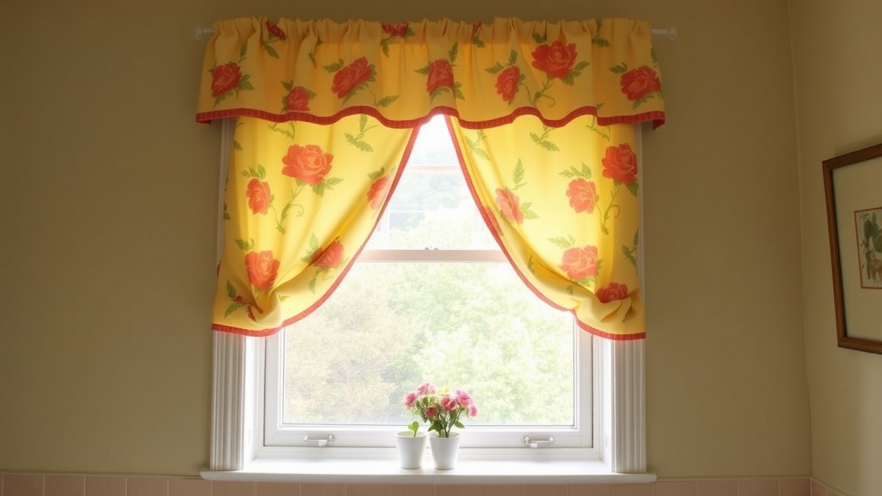 AI generated image by FLUX.1-schnell: a bathroom window with cheery cafe curtains covering only the lower half of the window. place a valance at the top of the window frame
