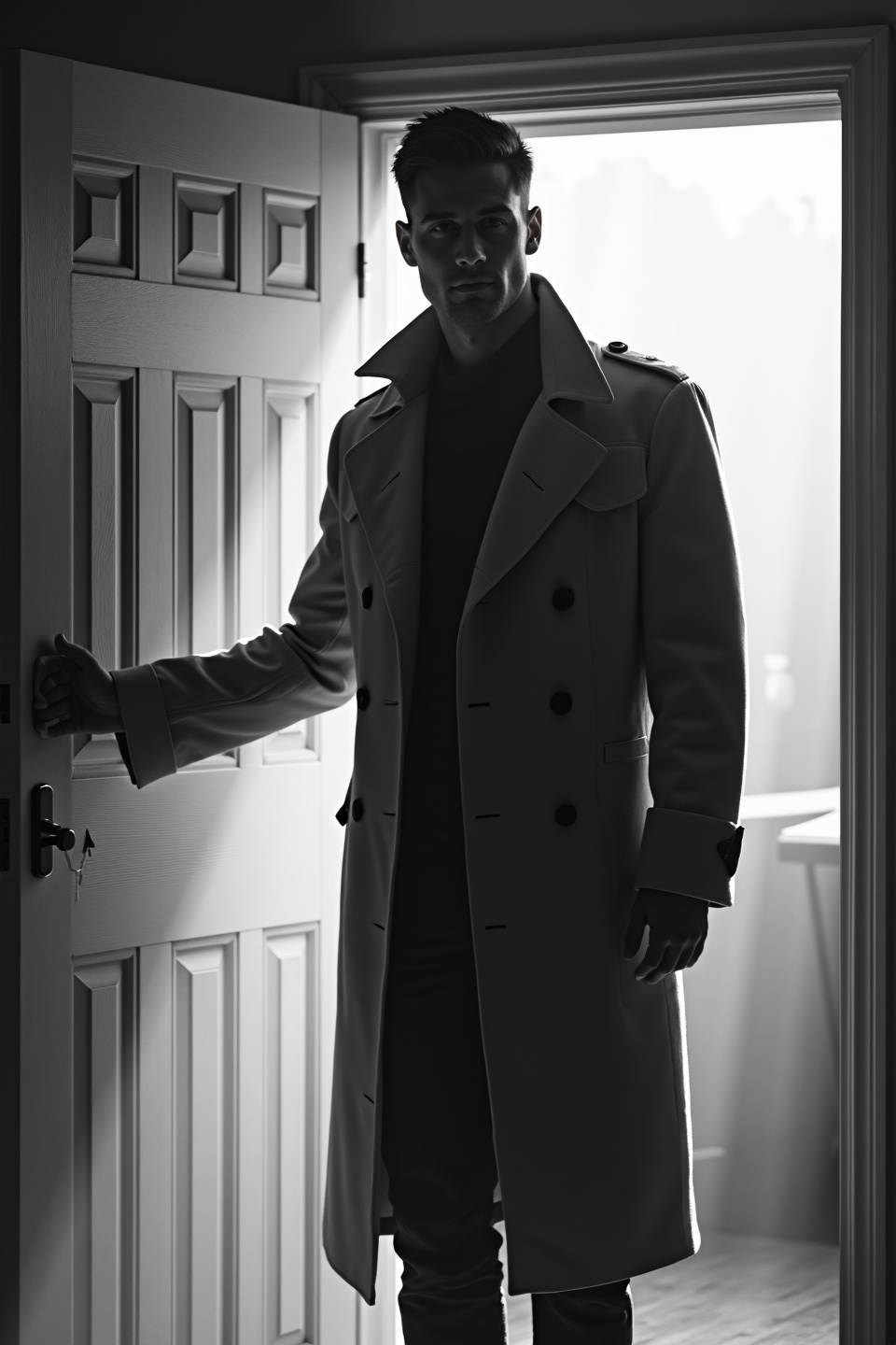 AI generated image by FLUX.1-image-to-image: black-and-white photo with the backlit dark silhouette of a handsome broad-shouldered man in a trench coat standing in a doorway coming and looking to camera. 
The man holding the door, as if he just entered the room. God rays. Backlight 