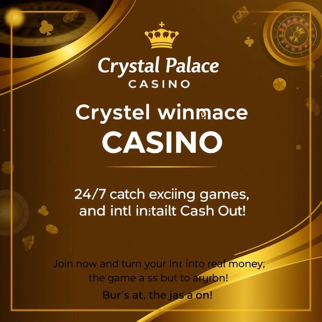 AI generated image by FLUX.1-schnell: Background: A sleek and luxurious design with golden and black colors. You can use images or illustrations of casino games (poker, roulette, slots).

Main Text: "🎰 Crystal Palace Casino  – Where winners play! 💰" This should be in a bold and stylish font.

Sub Text: "24/7 action, exciting games, and instant Cash Out! 🏆" Use a slightly smaller font, but still eye-catching.

Call to Action: "Join now and turn your luck into real money. The game is on! 🎉" Place this at the bottom to attract visitors.
