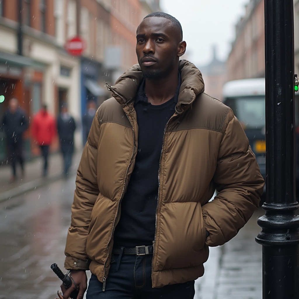 AI generated image by FLUX-Realism-Lora: Create an image of an African man wearing a stylish puff jacket, standing on a rainy street in the UK. He is holding an umbrella in one hand while casually leaning against a lamppost, with a relaxed expression. The background should showcase typical UK elements, like cobblestone streets and traditional brick buildings, enhancing the urban atmosphere. The focus should be on the puff jacket and the man's confident stance, capturing the essence of his style in a British setting.