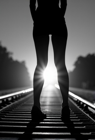 AI generated image by FLUX.1-image-to-image: The bnw silhouette of a woman's wide spreaded legs stands on railroad tracks.  A train spotlight from the background shines between her legs.