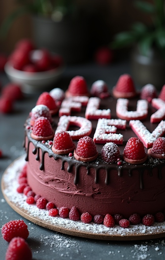 AI generated image by FLUX.1-image-to-image: black forest gateau cake spelling out the words "FLUX DEV", tasty, food photography, dynamic shot