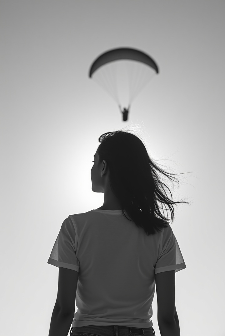 AI generated image by FLUX.1: Black and white photo of a young woman from behind lifted her shirt to show her breasts to a paraglider flying overhead. Sky background. Backlight 